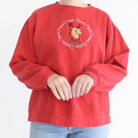 Vintage Red Embroidered Reindeer Rudolph Christmas Crewneck  Sweater XL - Picture 2 of 12